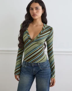 Emesy Long Sleeve Top in Mixed Stripe Green