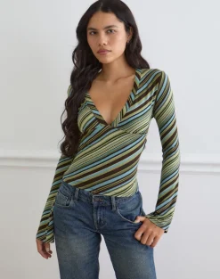 Emesy Long Sleeve Top in Mixed Stripe Green
