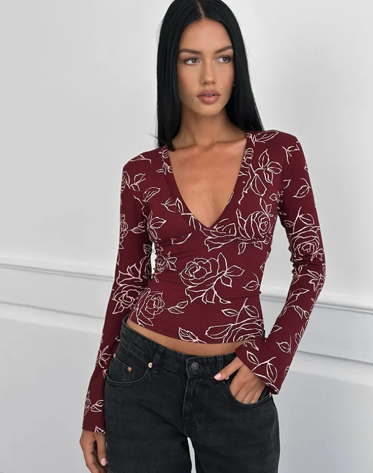 Emesy Long Sleeve Top in Outline Rose Marooon