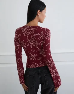 Emesy Long Sleeve Top in Outline Rose Marooon