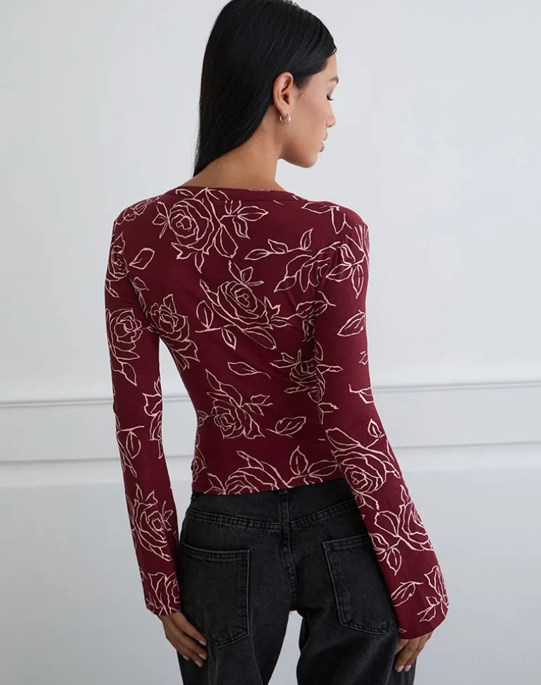 Emesy Long Sleeve Top in Outline Rose Marooon