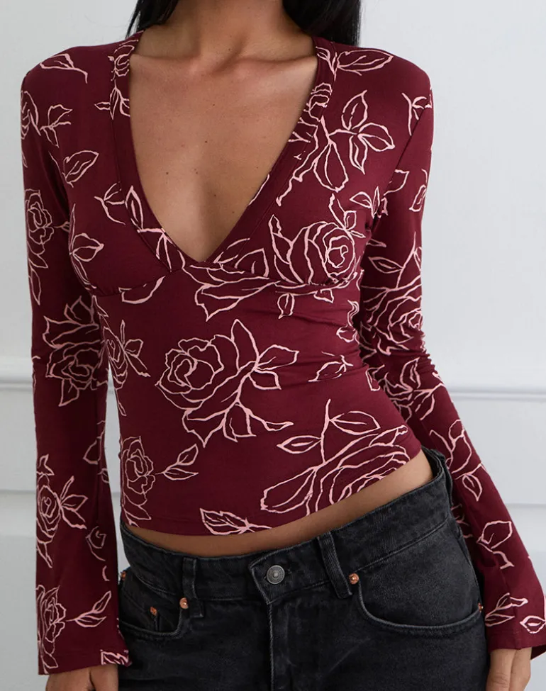 Emesy Long Sleeve Top in Outline Rose Marooon