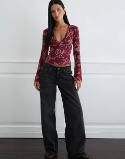 Emesy Long Sleeve Top in Outline Rose Marooon