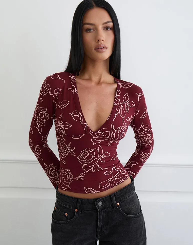 Emesy Long Sleeve Top in Outline Rose Marooon