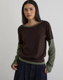 Enidy Long Sleeve Top in Jersey Chocolate and Khaki Combo