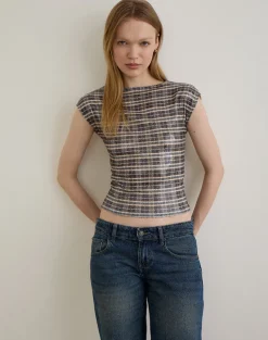 Erica Top in Sequin Vintage Check Brown