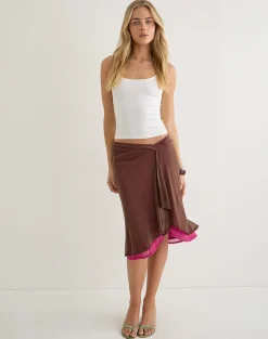Erinhadi Midi Skirt in Mesh Brown with Hot Pink Lining