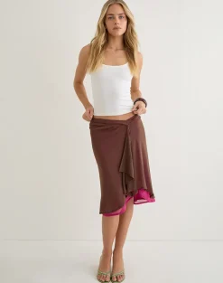Erinhadi Midi Skirt in Mesh Brown with Hot Pink Lining