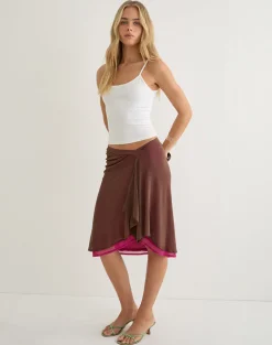 Erinhadi Midi Skirt in Mesh Brown with Hot Pink Lining