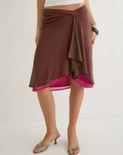 Erinhadi Midi Skirt in Mesh Brown with Hot Pink Lining