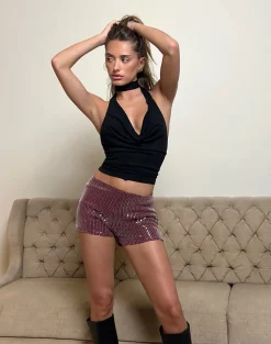 Erna Micro Shorts in Clear Sequin Maroon