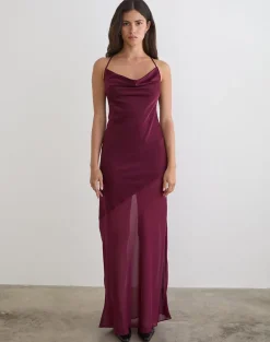 Eshara Maxi Dress in Chiffon Satin Burgundy