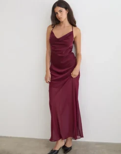 Eshara Maxi Dress in Chiffon Satin Burgundy