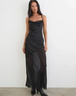 Eshara Maxi Dress in Chiffon Satin Black