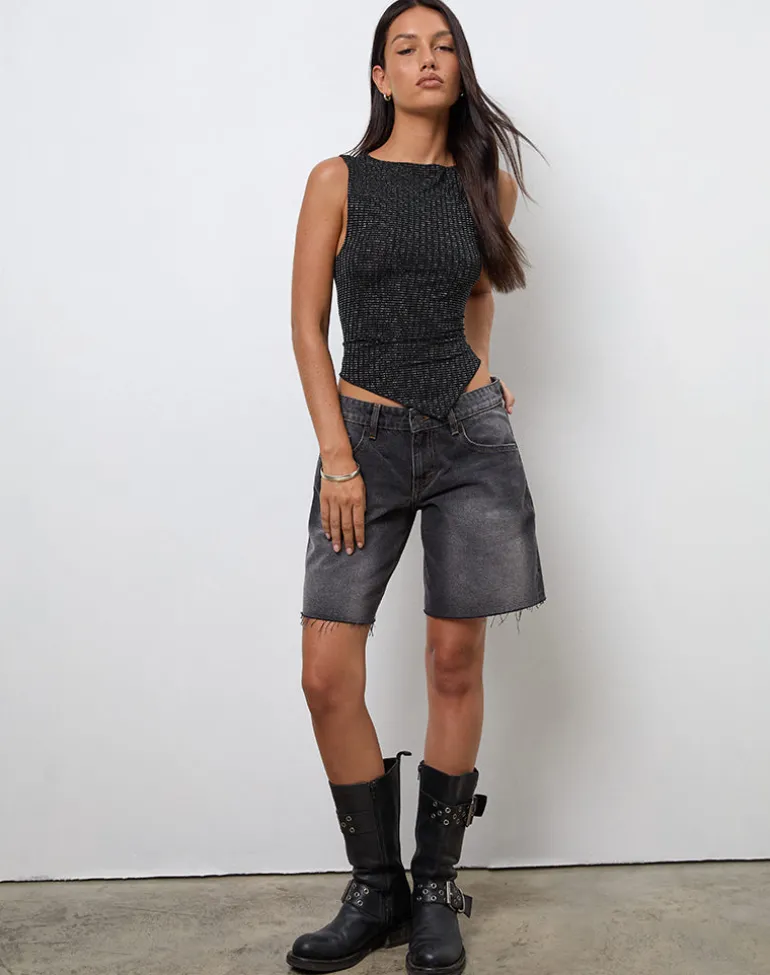 Etta Vest Top in Metallic Stripe Jersey Black