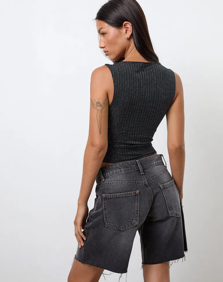 Etta Vest Top in Metallic Stripe Jersey Black