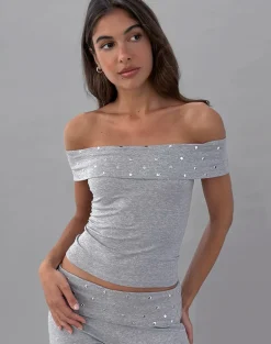 Eulala Bardot Top in Studded Grey Marl
