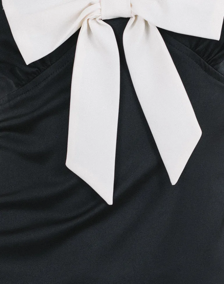 Faradiba Mini Dress in Satin Black with Ivory Bow