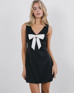 Faradiba Mini Dress in Satin Black with Ivory Bow
