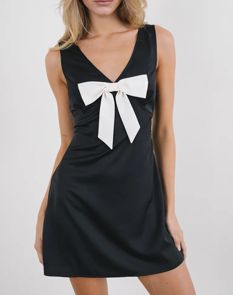 Faradiba Mini Dress in Satin Black with Ivory Bow