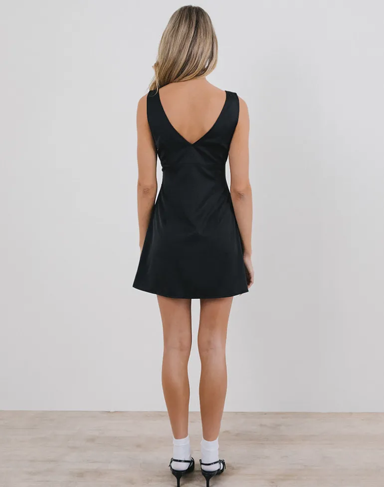 Faradiba Mini Dress in Satin Black with Ivory Bow