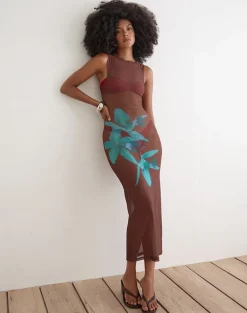 Fay Midi Dress in Brown with Blue Desert Rose
