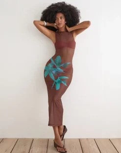 Fay Midi Dress in Brown with Blue Desert Rose