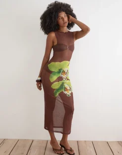 Fay Midi Dress in Brown with Green Dendrobium Flower