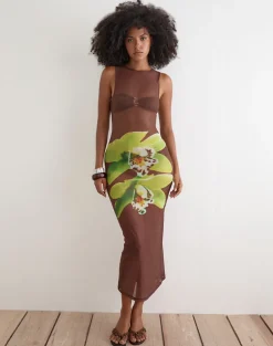 Fay Midi Dress in Brown with Green Dendrobium Flower
