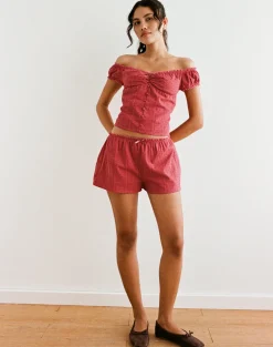Fayra Bardot Corset Top in Cotton Dobby Red