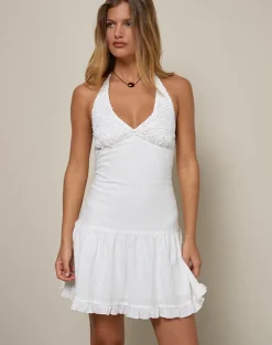 Felicia Halterneck Mini Dress in Crochet White