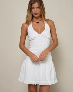 Felicia Halterneck Mini Dress in Crochet White