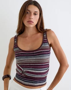 Feraya Top in Horizontal Stripe Maroon Navy Shimmer