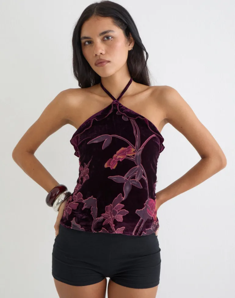 Fiorella Top in Floral Devore Burgundy