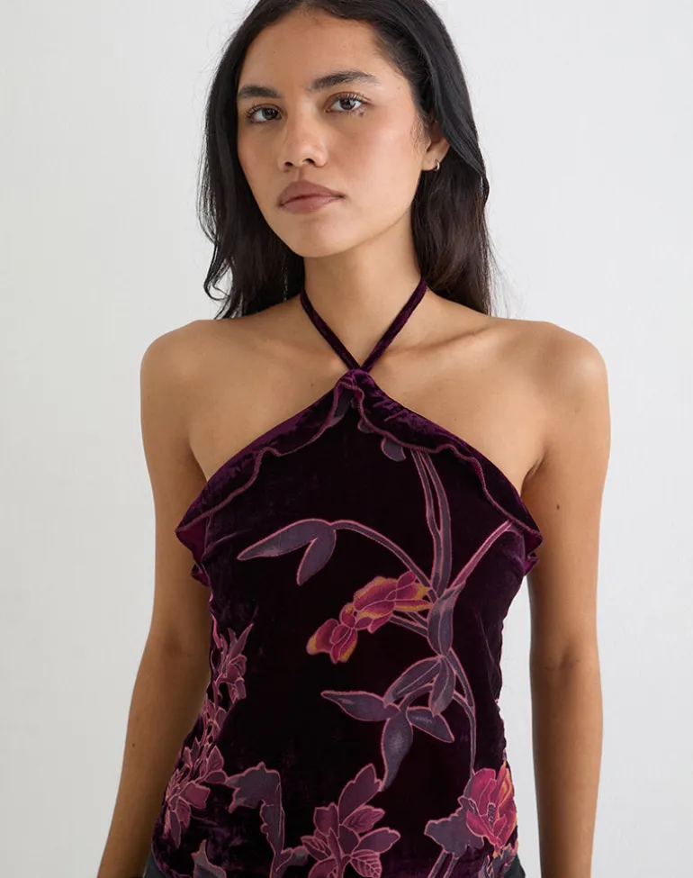 Fiorella Top in Floral Devore Burgundy