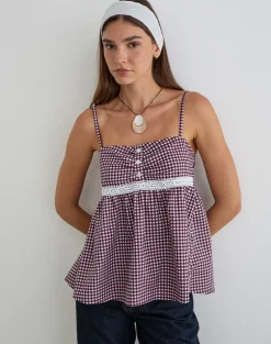Flika Cami Top in Mini Gingham Wine