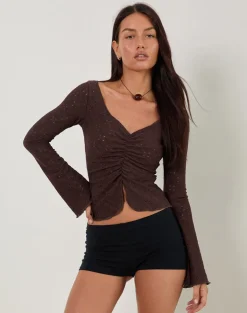 Flonne Ruched Top in Stretch Broderie Brown