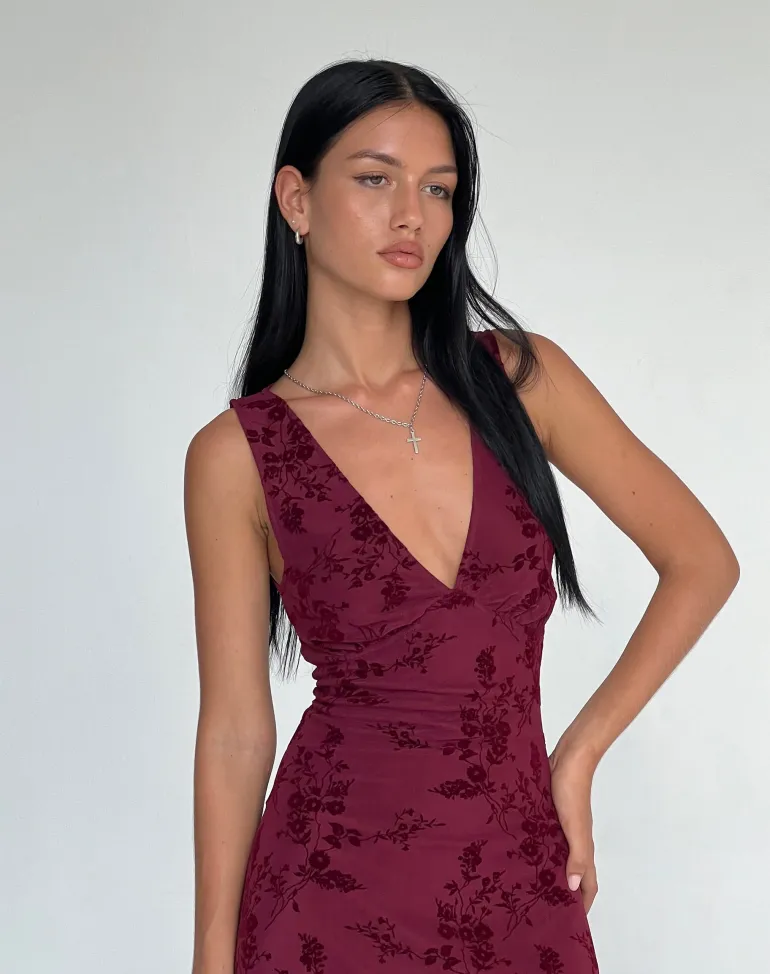 Gabriela Midi Dress in Botanical Flower Maroon