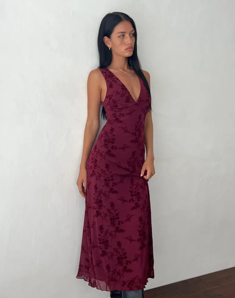 Gabriela Midi Dress in Botanical Flower Maroon