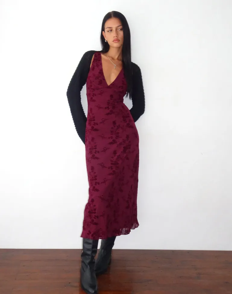 Gabriela Midi Dress in Botanical Flower Maroon