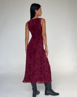 Gabriela Midi Dress in Botanical Flower Maroon