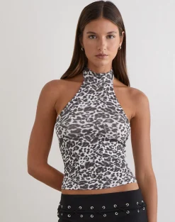 Galile High Neck Top in Jersey Blurry Leopard Grey