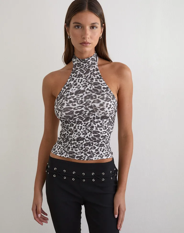 Galile High Neck Top in Jersey Blurry Leopard Grey