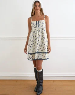 Gal Mini Dress in Ditsy Leaf Rose Navy