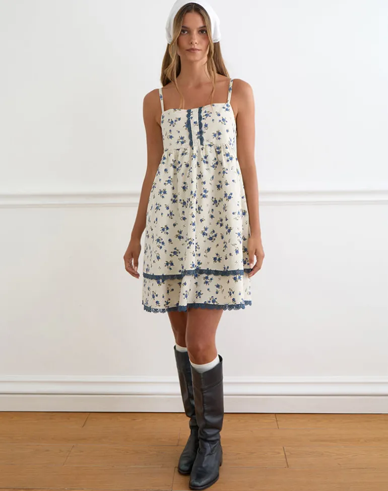 Gal Mini Dress in Ditsy Leaf Rose Navy