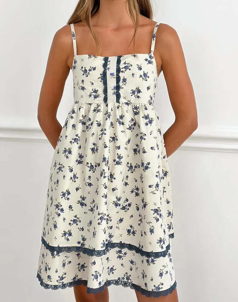 Gal Mini Dress in Ditsy Leaf Rose Navy