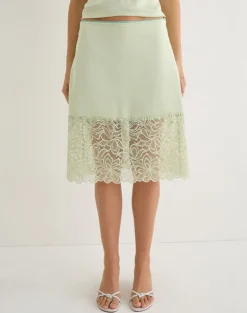 Garula Skirt in Satin Sage with Lace Trim