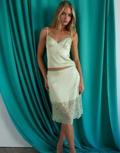 Garula Skirt in Satin Sage with Lace Trim
