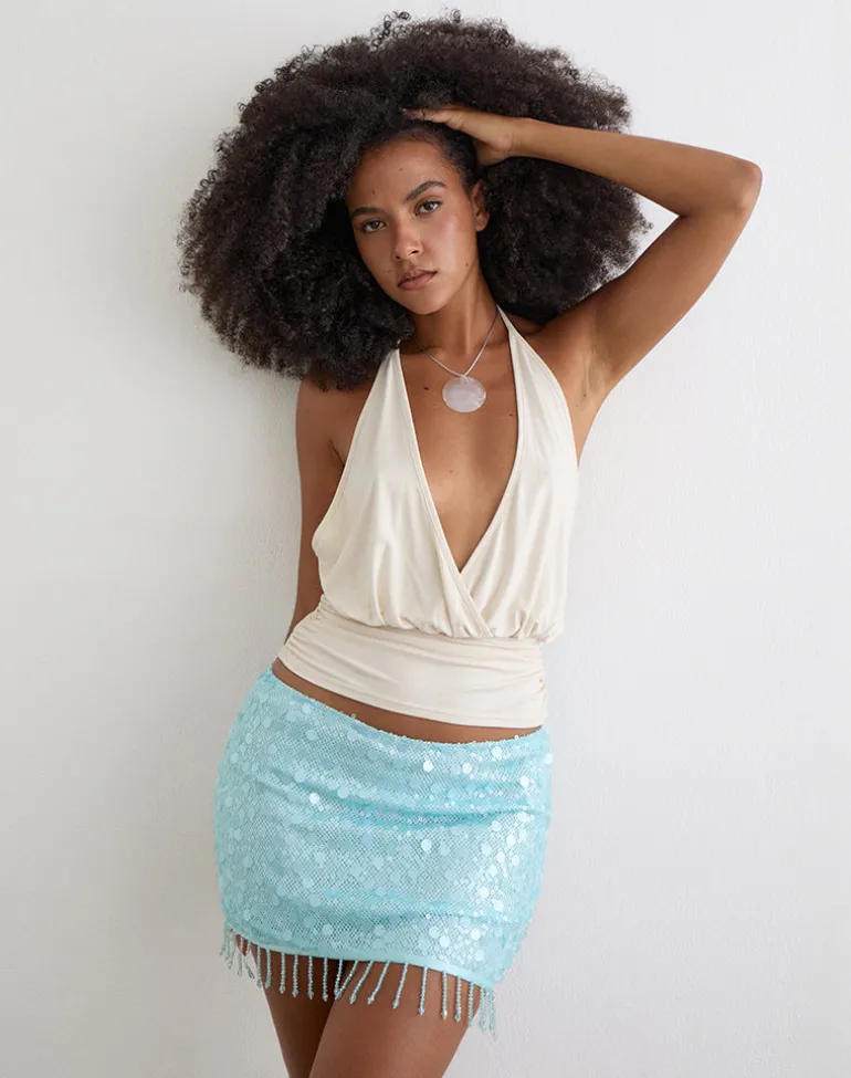 Gasenda Mini Skirt in Net Sequin Blue with Beaded Hem