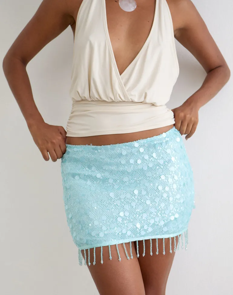Gasenda Mini Skirt in Net Sequin Blue with Beaded Hem